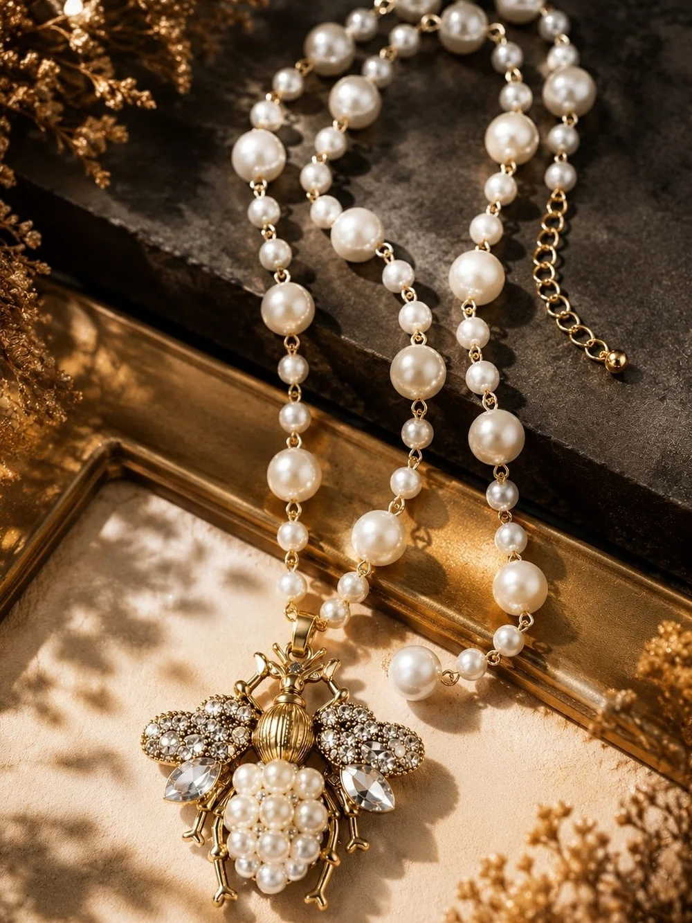 Gold-Tone Bee Pendant Necklace with White Pearls